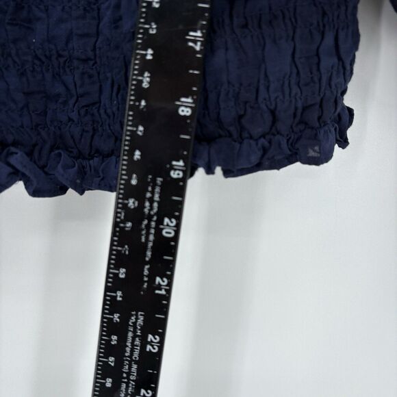 Anthropologie Maeve Smocked Top Large Navy Searsucker Windowpane Balloon Sleeve - Picture 9 of 11